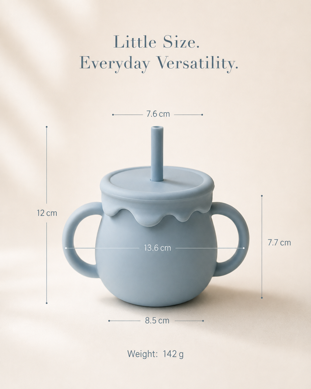 A light blue ceramic baby cup with a lid, two side handles, and a straw, shown with dimension lines and text indicating size measurements and weight on a warm beige background.