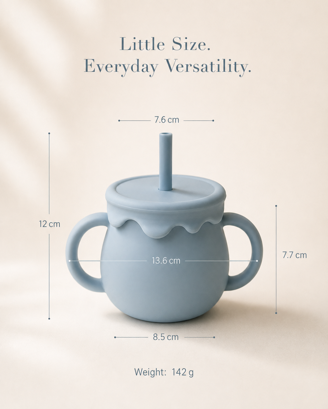 A light blue ceramic baby cup with a lid, two side handles, and a straw, shown with dimension lines and text indicating size measurements and weight on a warm beige background.