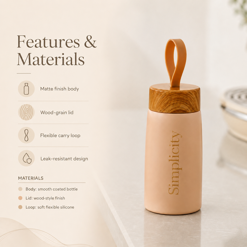 A matte peach-colored bottle with a wood-grain lid and a flexible tan carry loop, shown on a light marble surface beside a 'Features & Materials' text panel. The bottle is branded 'Simplicity'.