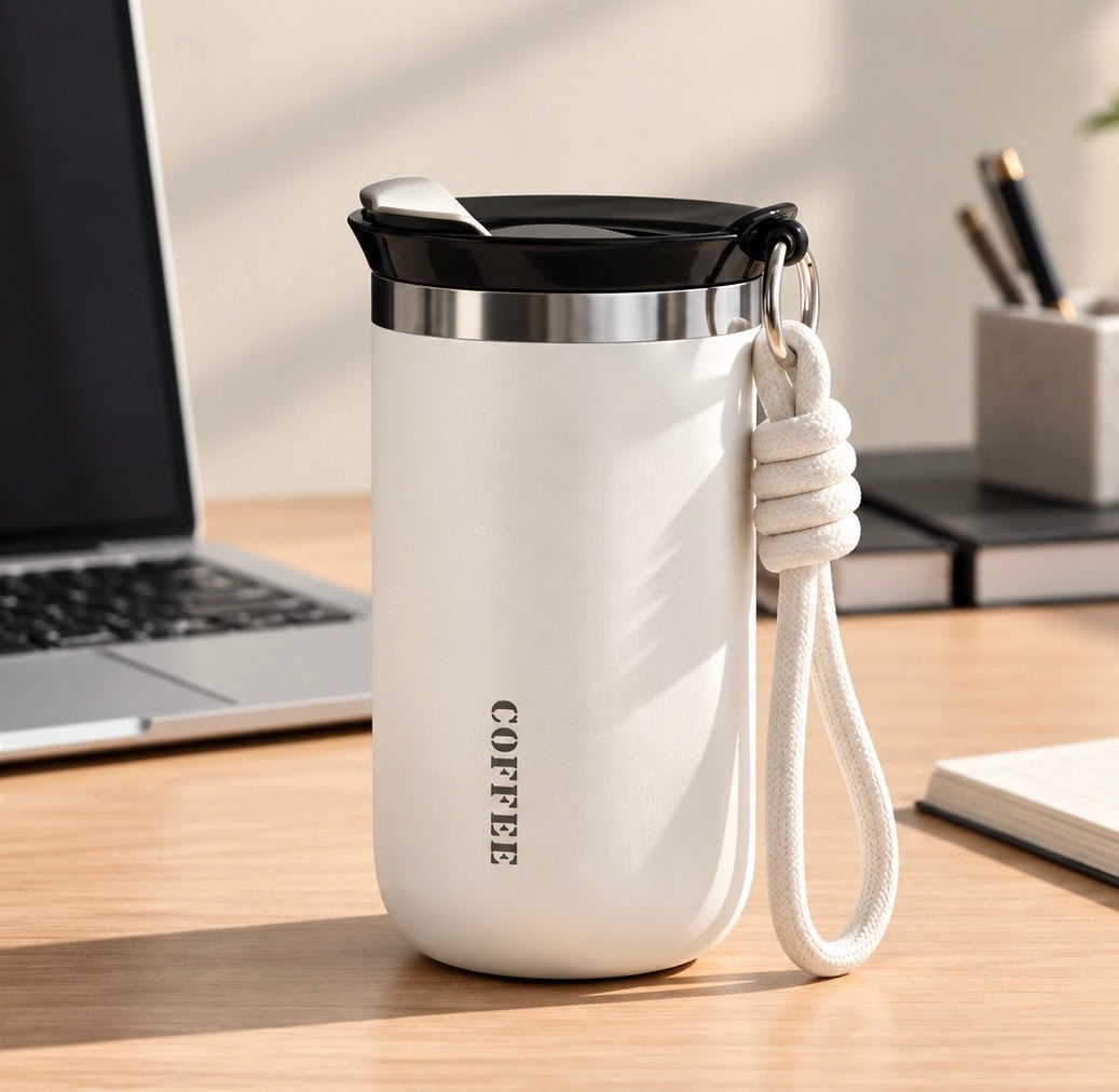 A white insulated travel tumbler with a black lid, silver rim, and a knotted white wrist strap, standing on a wooden desk with a laptop and office items blurred in the background.