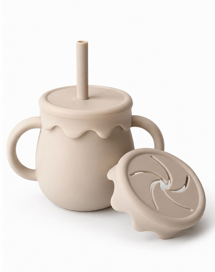 2-in-1 Silicone Baby Cup with Straw & Snack Lid – Honey Pot Design