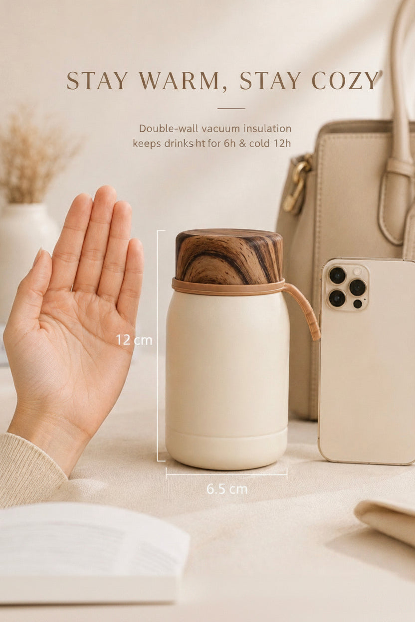 A beige insulated bottle with a dark wood-grain lid is shown in a styled indoor scene with a hand, a smartphone, and a beige handbag. White text at the top reads 'COMING SOON' with smaller copy below, and dimension lines indicate 12 cm height and 6.