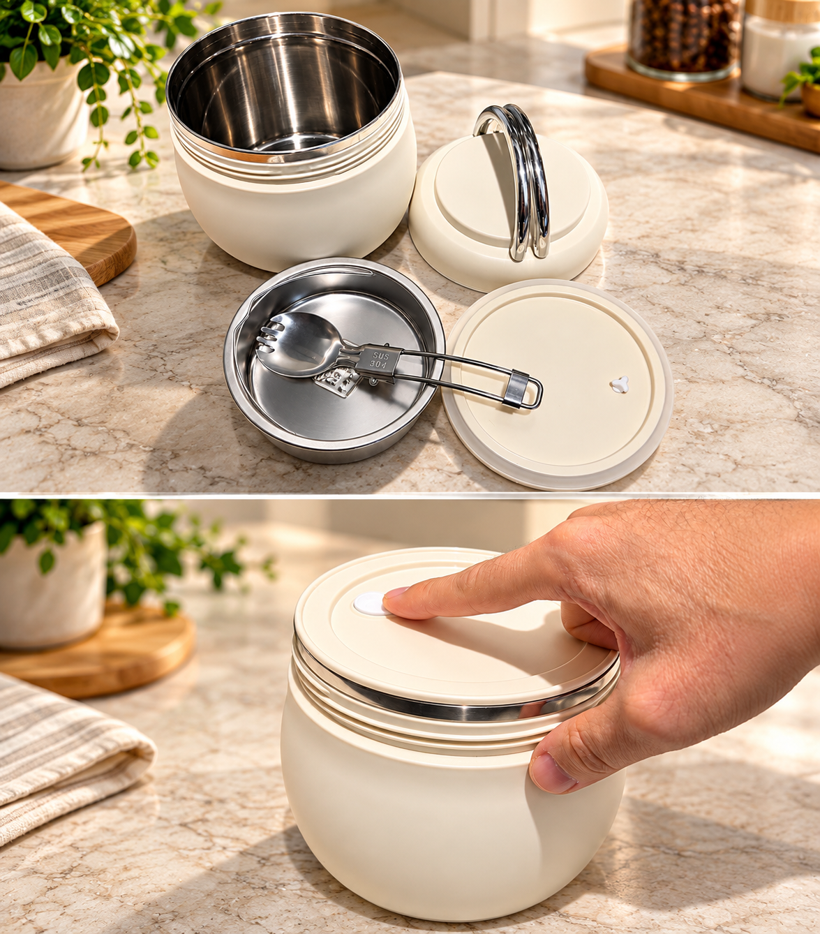 Cream-colored reusable food storage containers with stainless steel interiors and lids, shown on a marble countertop with a hand pressing a button on the lid. A spoon and small container are also visible.