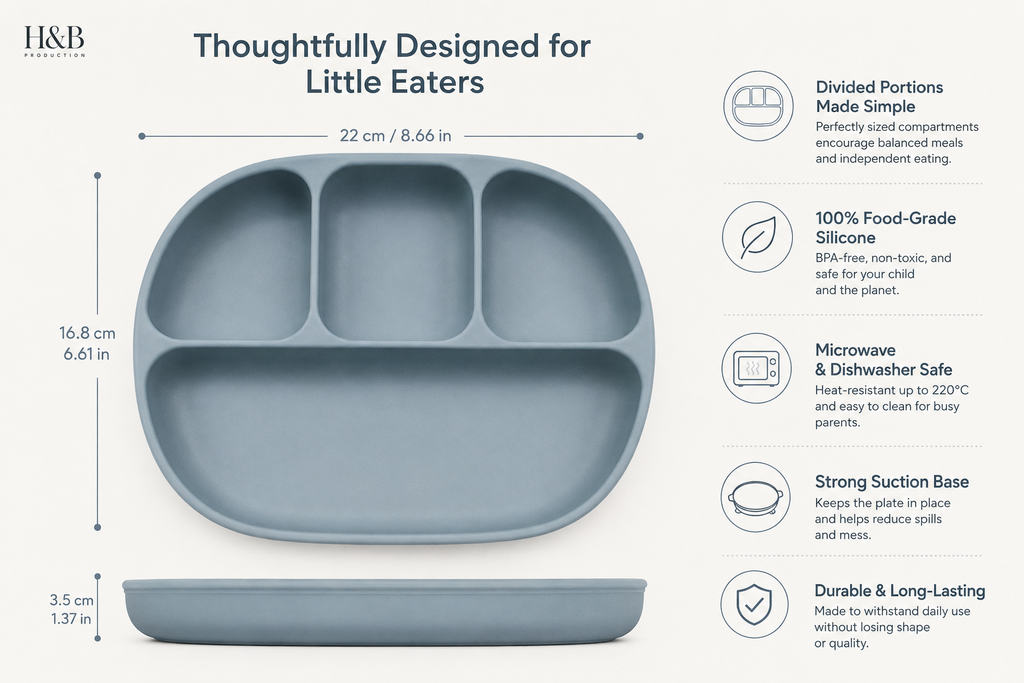 A light blue divided children's plate shown on a white infographic background with dimensions and feature callouts. The image includes the H&B logo in the top left and text describing the plate's design, food-grade silicone, dishwasher safety, suction base, and durability.