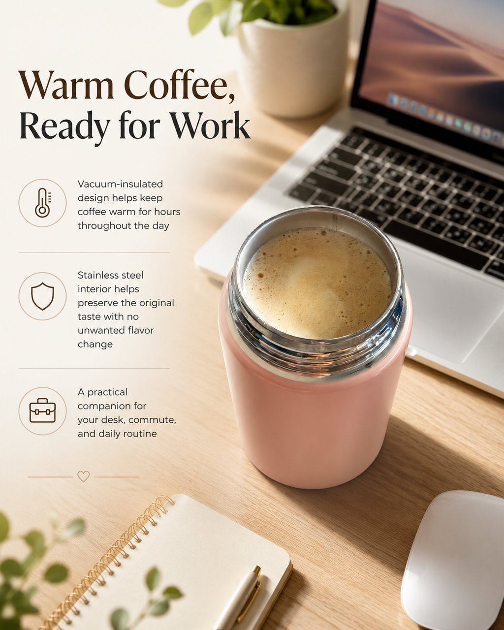 A pink vacuum-insulated coffee mug with a clear lid sits on a wooden desk next to a laptop, notebook, and mouse. Text on the left reads 'Warm Coffee, Ready for Work' with feature callouts.