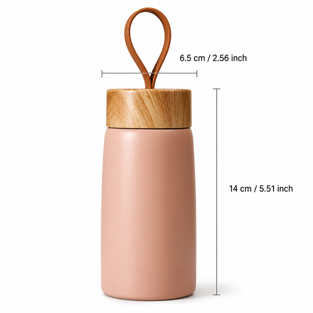 A matte blush pink water bottle with a light brown wooden lid and a matching leather loop handle, shown on a white background with dimension lines and text indicating 14 cm height and 6.5 cm loop width.