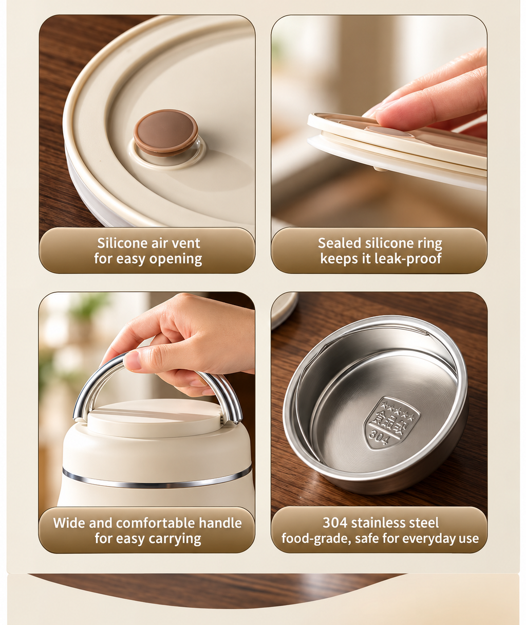Four-panel feature graphic showing a beige insulated container lid with a silicone air vent, a sealed silicone ring, a wide handle, and a stainless steel interior, with text callouts on a wood and beige background.