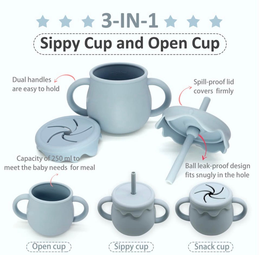 A 3-in-1 baby cup set shown on a white background with feature callouts and labels. The set includes a light blue-gray sippy cup with dual handles, an open cup version, and a snack cup version with a lid.