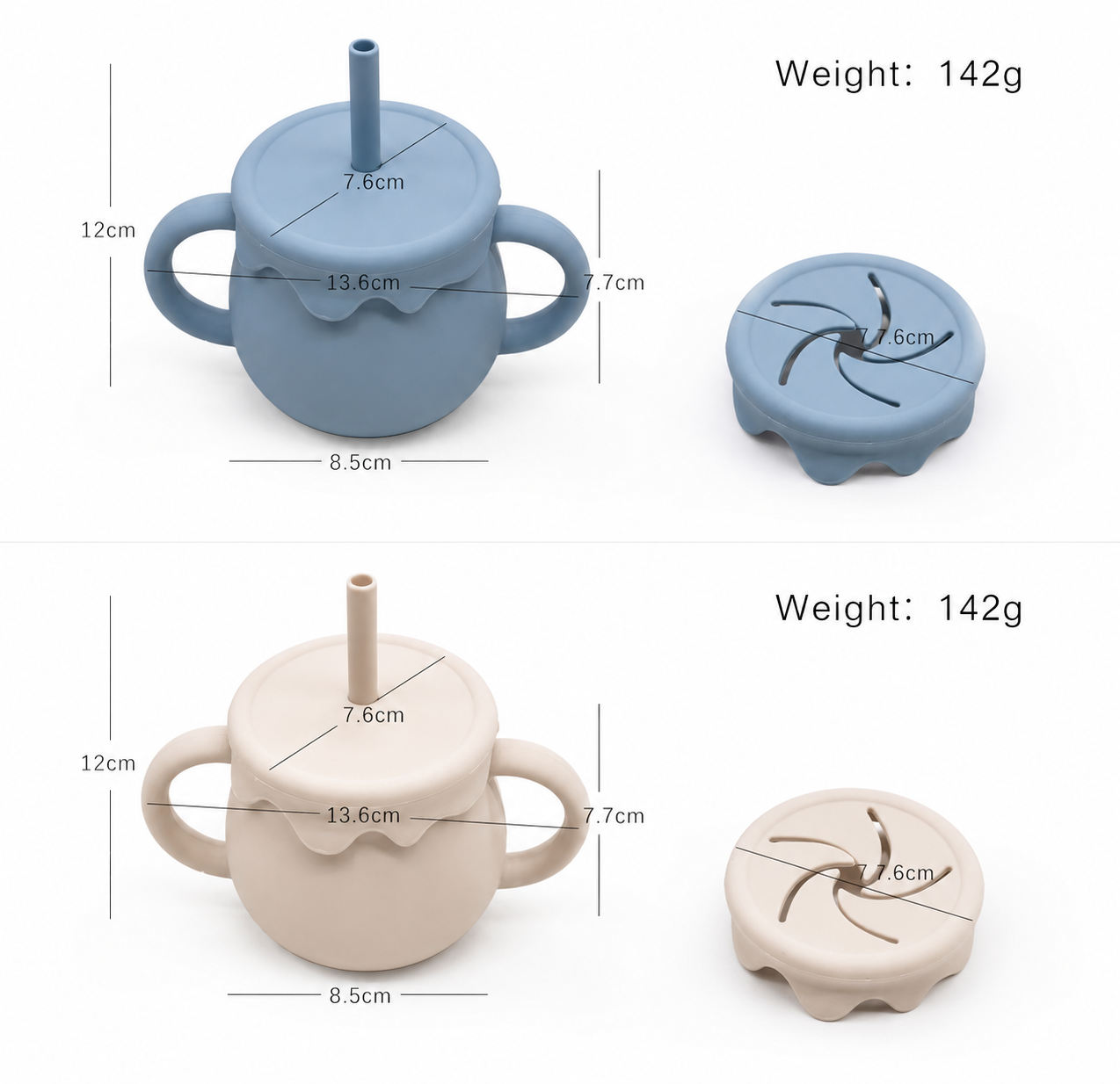 Two silicone baby feeding cups shown with dimension lines and weight text on a white background. The top cup is dusty blue and the bottom cup is warm beige, both with handles, a spout, and a small round lid shown beside each main cup.