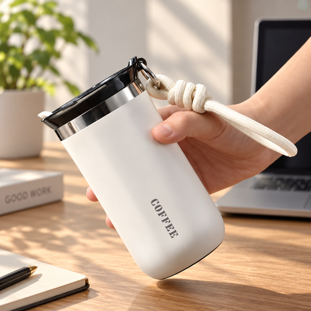 A hand holding a white insulated coffee cup with a black lid, silver rim, and cream wrist strap on a wooden desk with a laptop and plant in the background.