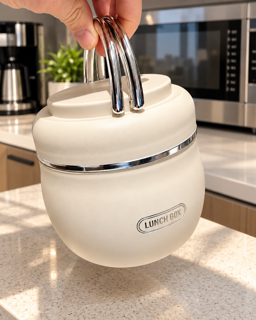 A cream-colored insulated lunch box with a matching lid and shiny silver handles, held by a hand on a kitchen countertop with a microwave in the background.