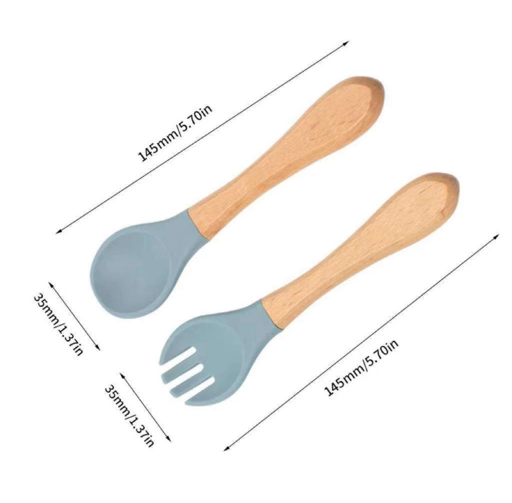 Baby Silicone Spoon & Fork Set – Wooden Handle