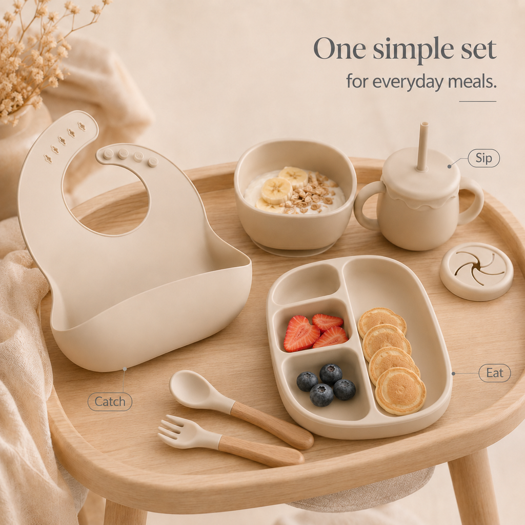 A baby feeding set arranged on a light wood tray, including a cream-colored silicone bib, a divided plate with crackers, blueberries, and strawberries, a small cup with a straw, a spoon, a fork, and a small lid. Text labels point to the bib as 'Catch', the cup as 'Sip', and the plate as 'Eat'.