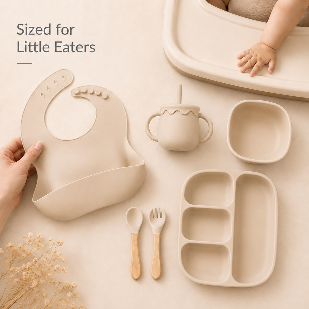 A coordinated baby feeding set in warm matte beige tones, including a silicone bib being held by a hand, a small handled cup with straw, a divided tray, two utensils with light wood handles, and a bowl, arranged on a beige surface. A baby's hand and high chair are partially visible, and text reads 'Sized for Little Eaters'.