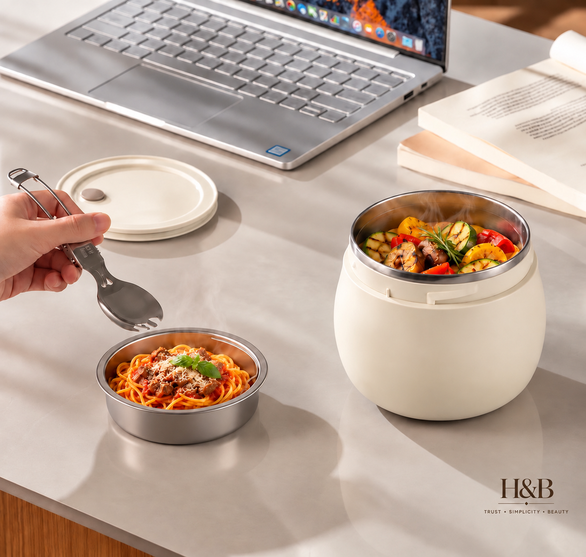 A hand uses a spoon to serve pasta from a small stainless steel container on a light gray tabletop. A larger cream-colored insulated food container with a stainless steel lid sits nearby, with a laptop, book, and open page in the background.