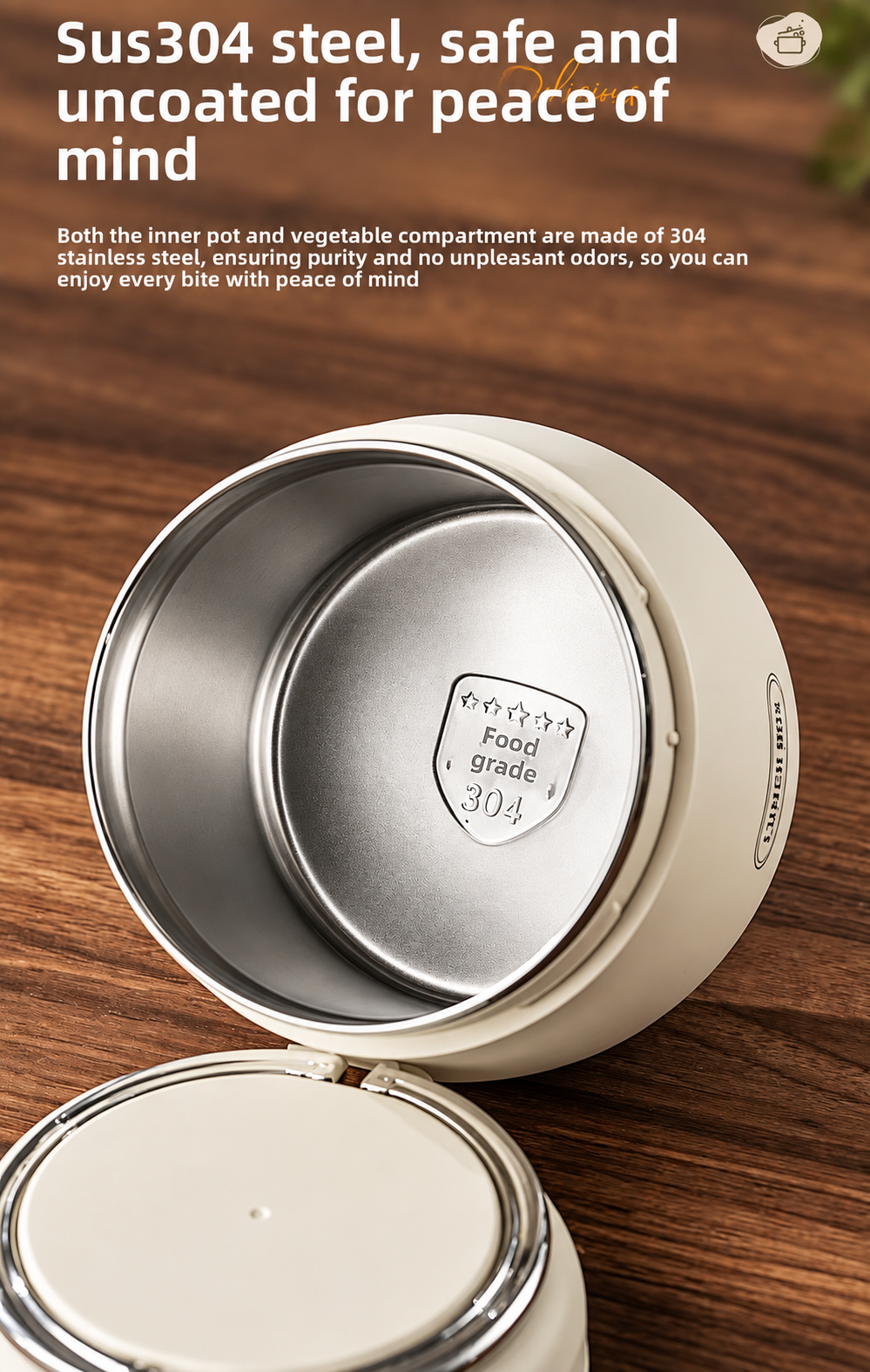 An open beige insulated lunch container with a stainless steel inner pot, shown on a wooden surface with promotional text overlaid at the top.