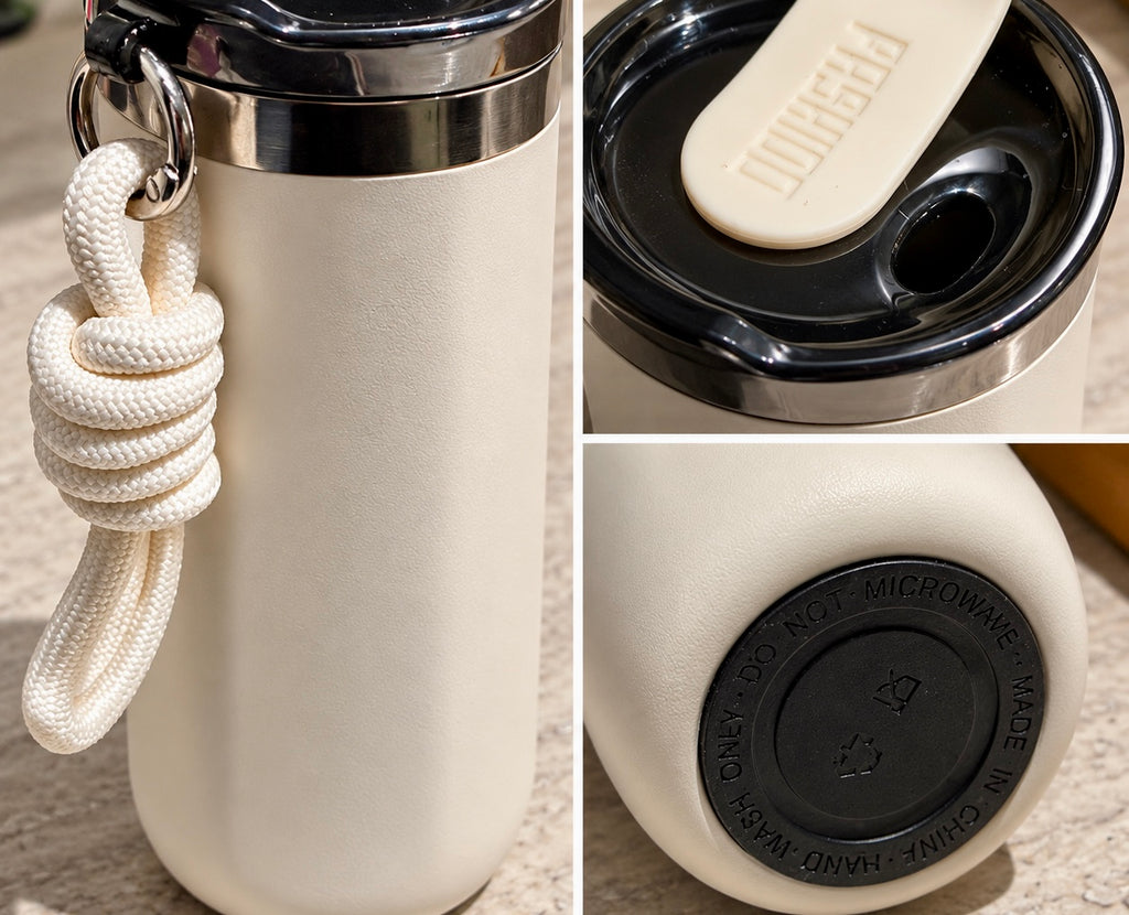 A collage showing a cream-colored insulated travel tumbler with a black lid, a matching cream wrist strap, and close-up views of the lid and base. The brand name 'FRESHOO' is embossed on the lid.