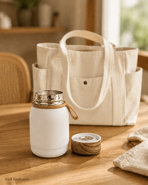A cream canvas tote bag with side pockets sits on a wooden table next to a white insulated bottle with a silver metal lid and a small wooden-handled cap, with a folded beige cloth in the foreground.
