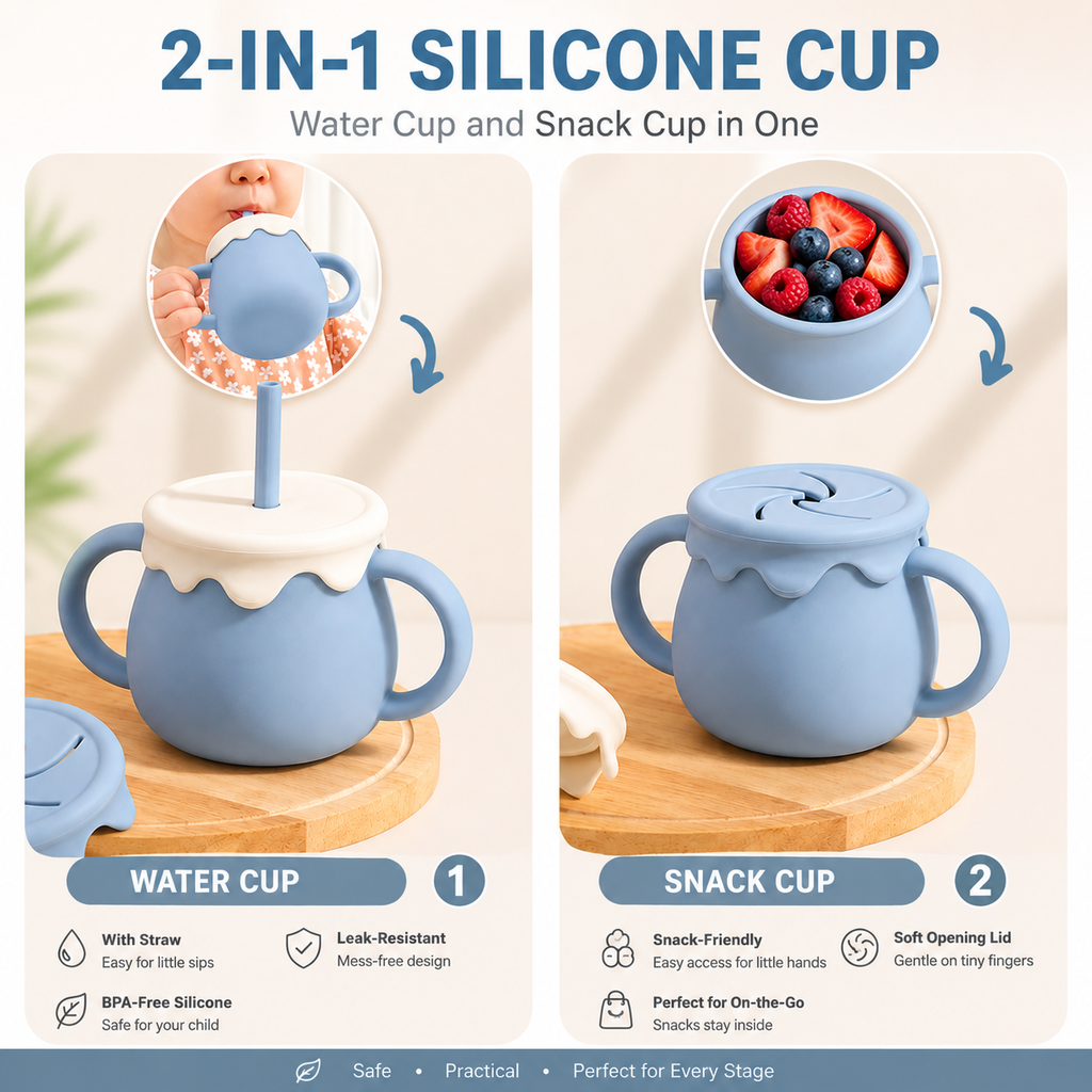 A promotional infographic for a 2-in-1 silicone cup, showing two panels: the left labeled Water Cup and the right labeled Snack Cup. The cup is light blue with a white dripping-edge design and side handles.