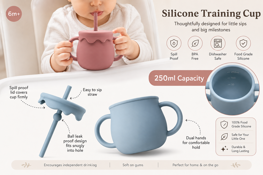 A baby training cup set shown with a child drinking from a pink cup, plus isolated views of a blue handled cup and a straw spout accessory. Text highlights features like spill-proof lid, BPA-free, dishwasher safe, food grade silicone, 250ml capacity, and dual hands for comfortable hold.