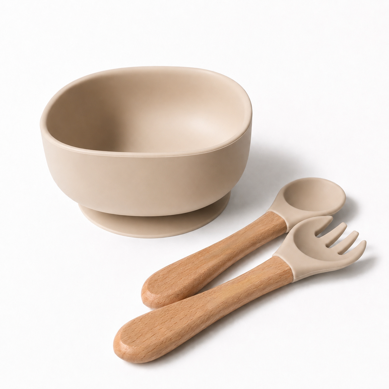 Silicone Suction Bowl with Spoon & Fork Set – Wooden Handle, BPA-Free Baby Feeding Set