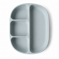 A light blue-gray silicone divided baby plate with three compartments on the left and one large compartment on the right, shown from a top-down view on a white background.