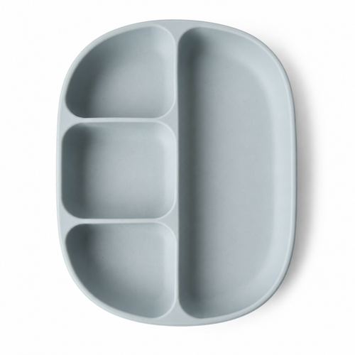 A light blue-gray silicone divided baby plate with three compartments on the left and one large compartment on the right, shown from a top-down view on a white background.