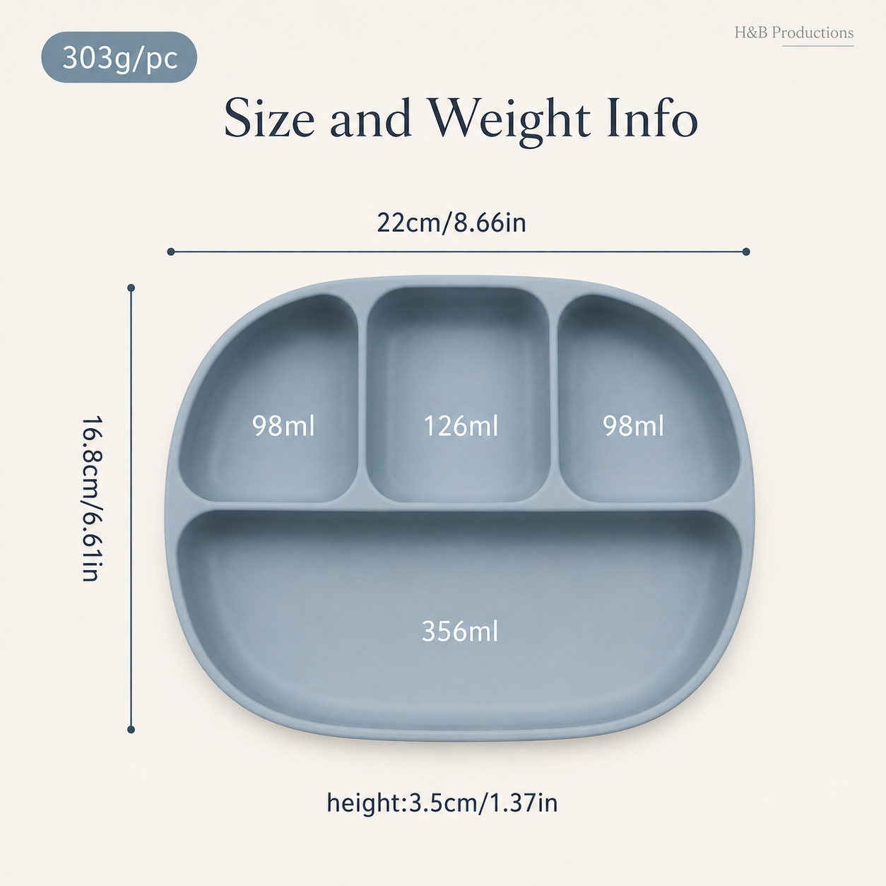 Size and weight information graphic for a three-compartment divided plate. The plate is shown in a muted dusty blue-gray color on a light beige background, with text indicating dimensions of 22cm by 16.