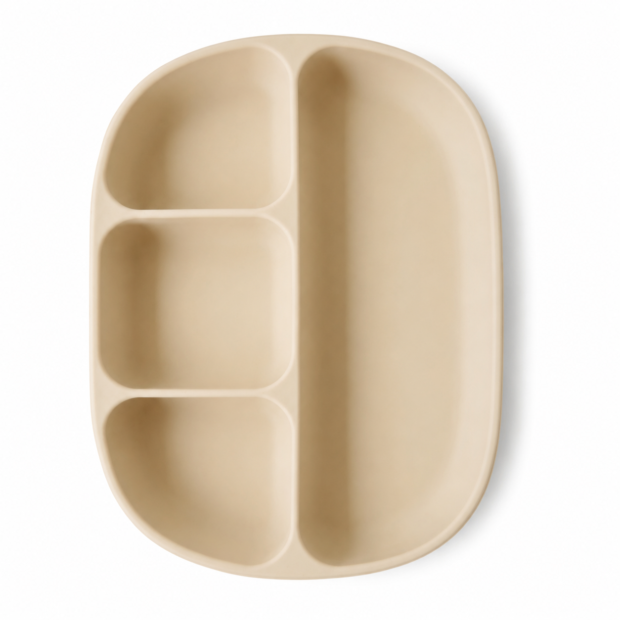 A beige segmented baby plate with three compartments on the left and a large vertical section on the right, shown from a top-down view on a white background.