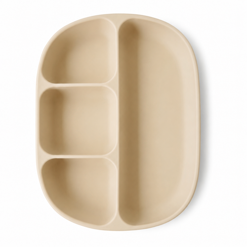 A beige segmented baby plate with three compartments on the left and a large vertical section on the right, shown from a top-down view on a white background.