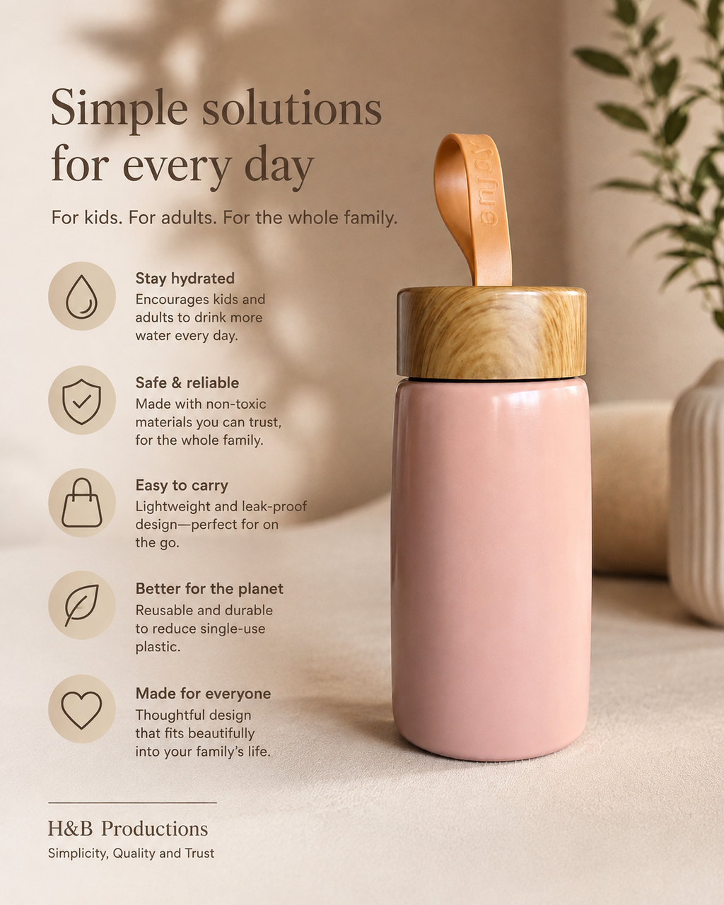 A pink reusable water bottle with a light wood lid and loop handle, shown on a warm beige background with marketing text and icons on the left. The bottle appears to be the product being sold, and the scene is styled like a clean product ad rather than a real environment.