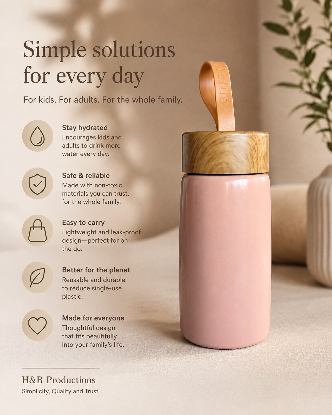 A pink reusable water bottle with a light wood lid and loop handle, shown on a warm beige background with marketing text and icons on the left. The bottle appears to be the product being sold, and the scene is styled like a clean product ad rather than a real environment.