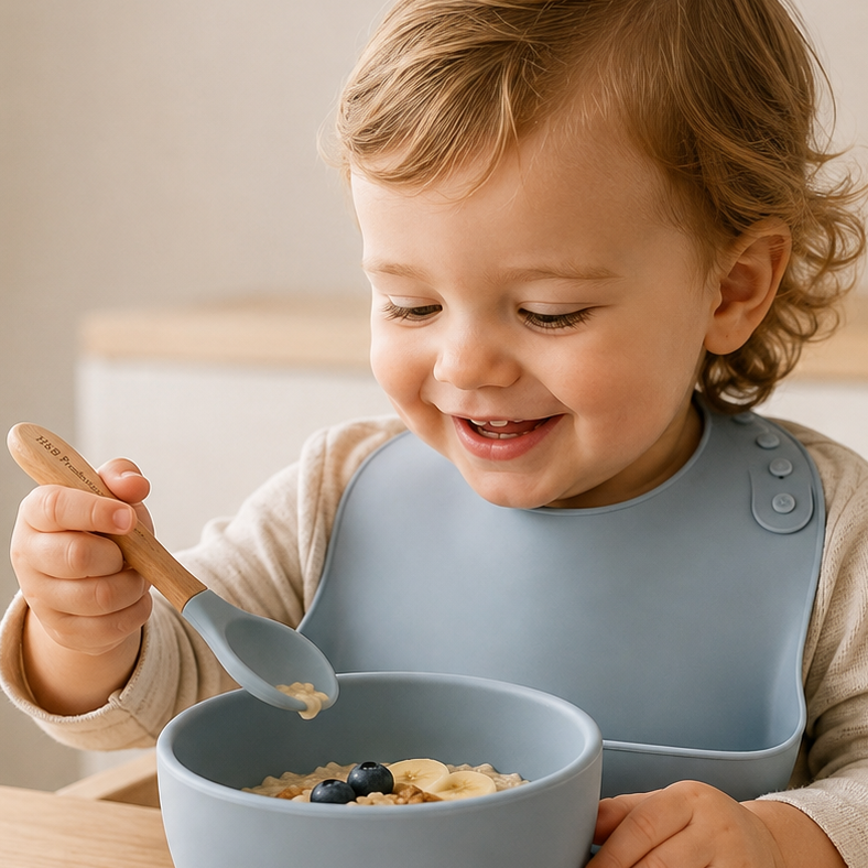 A smiling toddler sits at a wooden table wearing a light blue bib and using a matching blue silicone bowl with a suction base. The child holds a wooden spoon with a blue spoon, and a matching blue and wooden fork rests on the table.