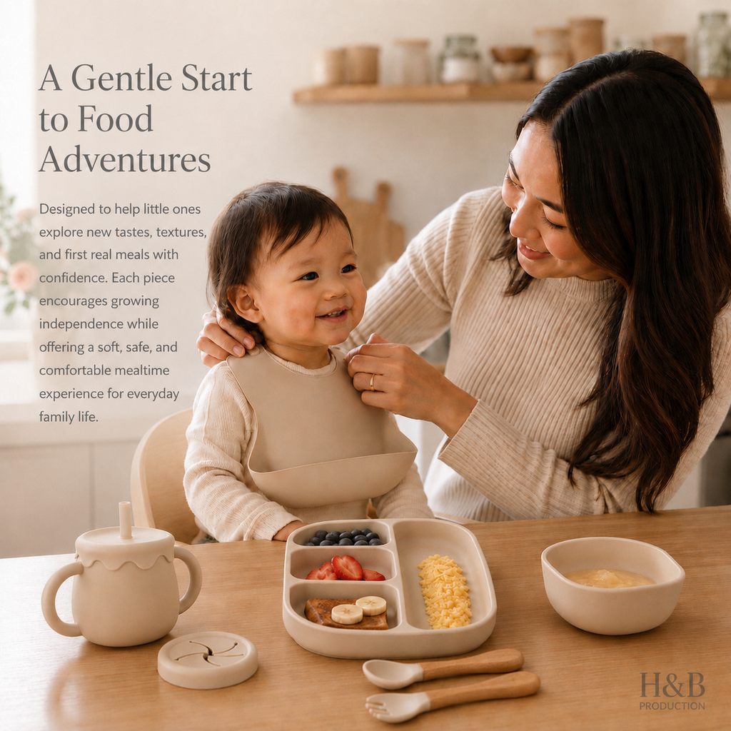 A baby wearing a cream bib sits at a wooden table while a mother adjusts it. The scene includes a divided tray with snacks, a small bowl, wooden-handled spoons, and a sippy cup.