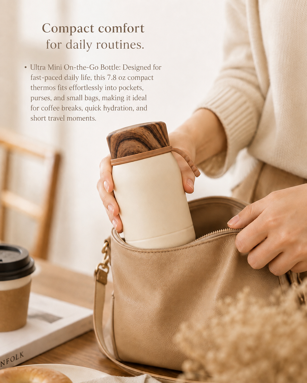 A person holding a compact cream and wood thermos and placing it into a beige crossbody bag, with text on the left describing the Ultra Mini On-the-Go Bottle.