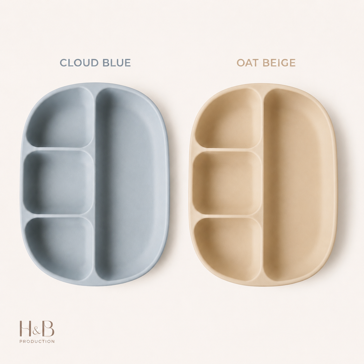 Two divided baby plates shown side by side on a light cream background. The left plate is labeled 'CLOUD BLUE' and is a muted light blue-gray.