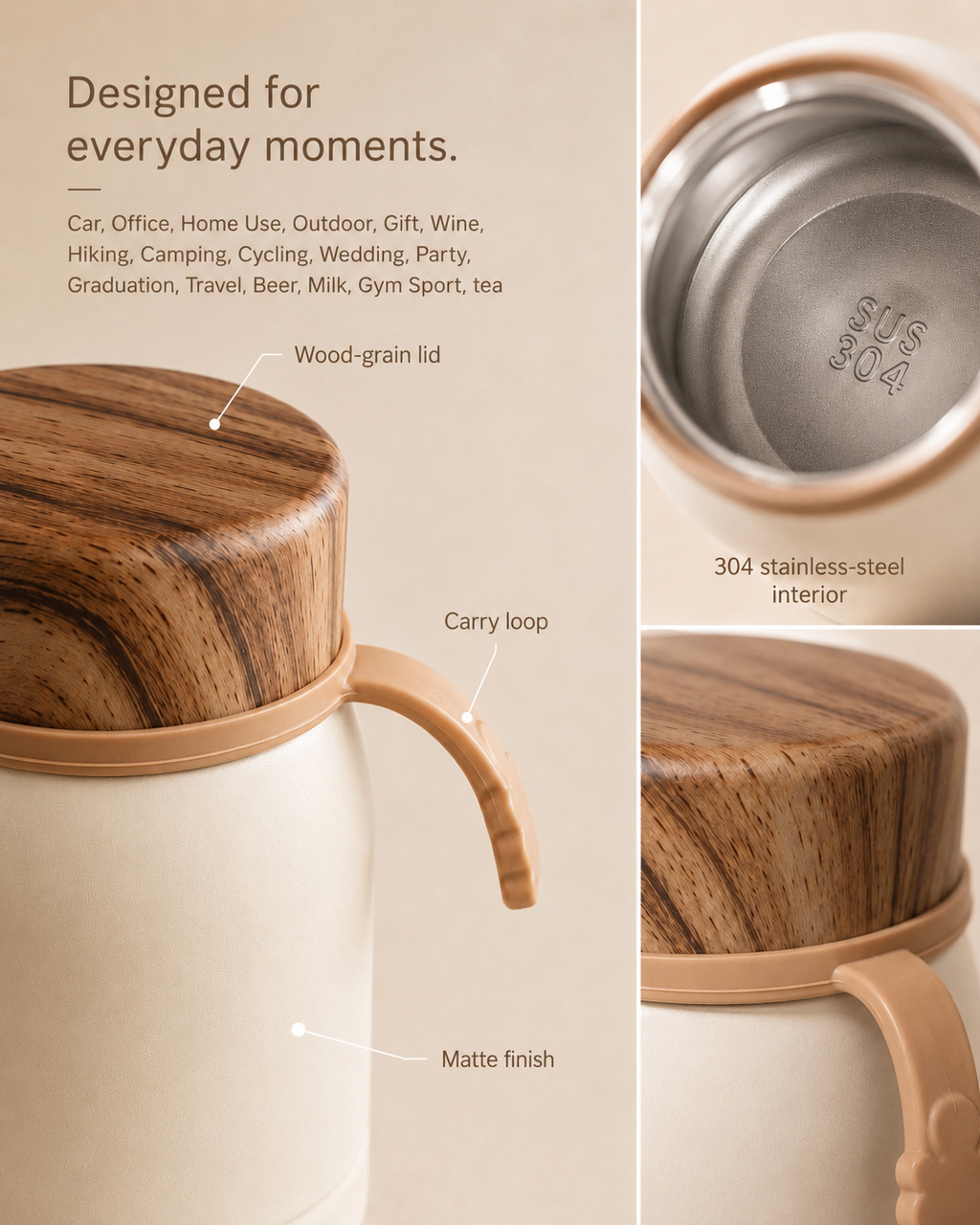 A beige insulated mug with a wood-grain lid and beige carry loop, shown in a three-panel layout with text callouts reading 'Wood-grain lid,' 'Carry loop,' and 'Matte finish.' The right panels include a close-up of the stainless-steel interior and additional descriptive text.
