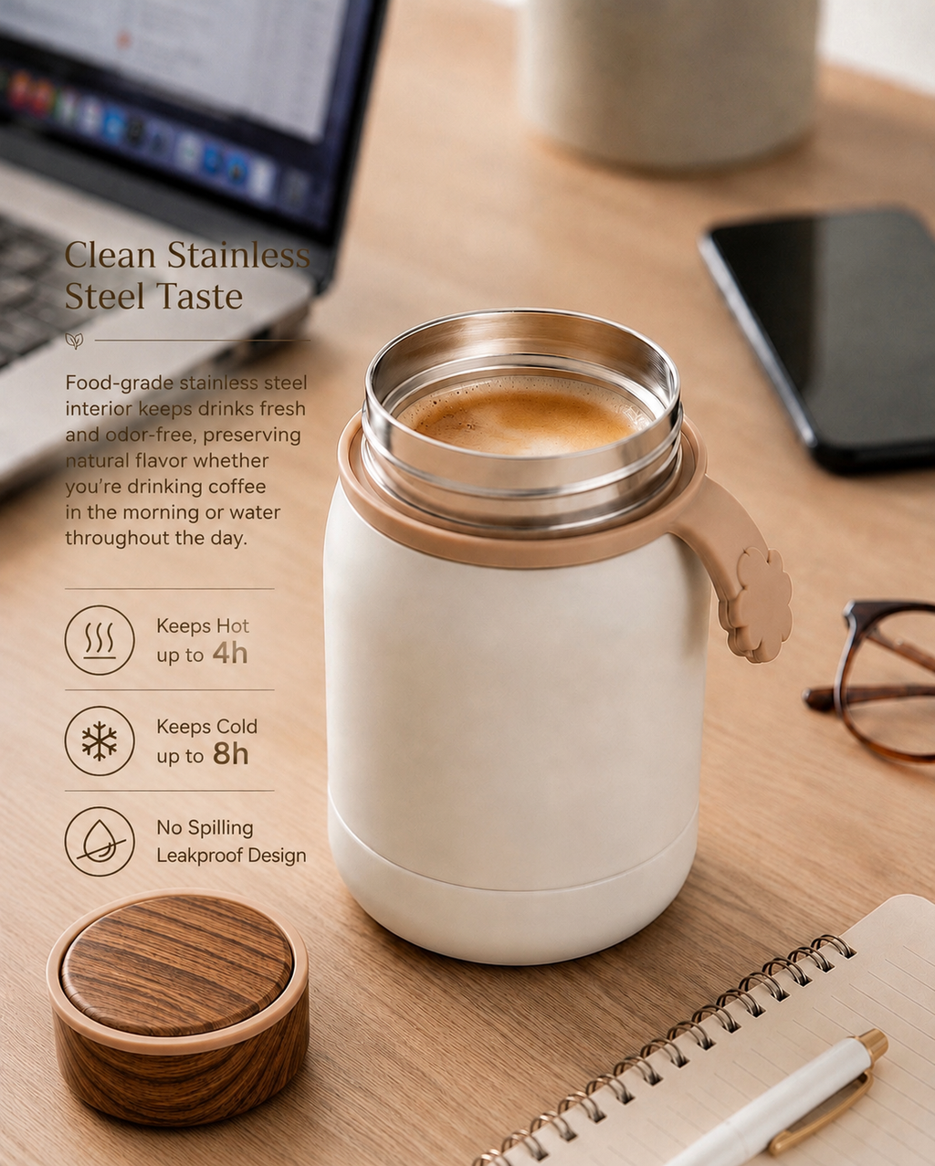 A stainless steel travel mug with a cream-colored insulated body and a light wood-toned handle, shown on a wooden desk next to a laptop, glasses, and a notebook. Text on the left highlights clean stainless steel taste and key features.