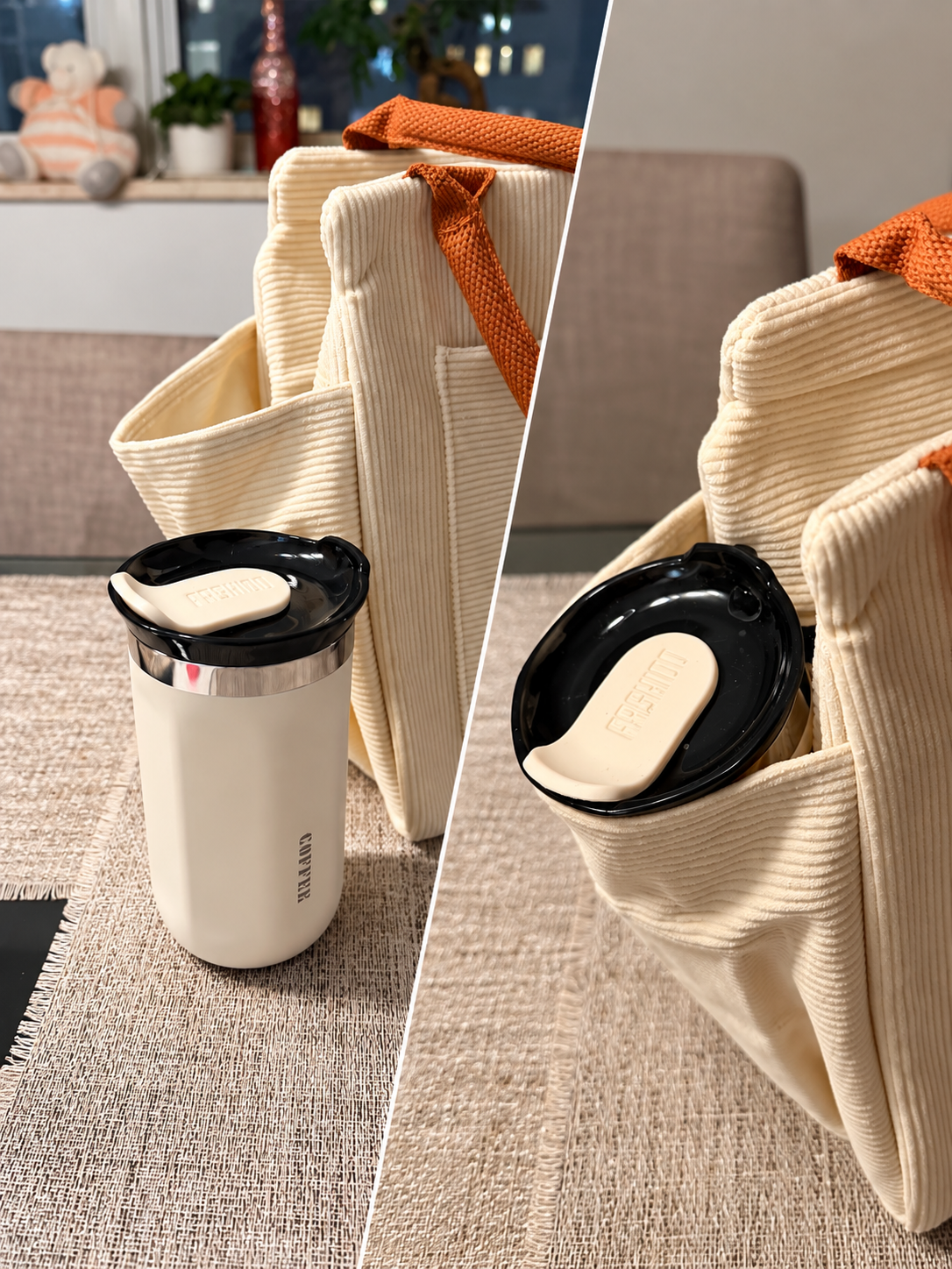 A cream corduroy tote bag with orange handles and side pockets, shown next to a white travel tumbler with a black lid in a home setting. The right side is a close-up of the tumbler nestled in the bag's pocket.