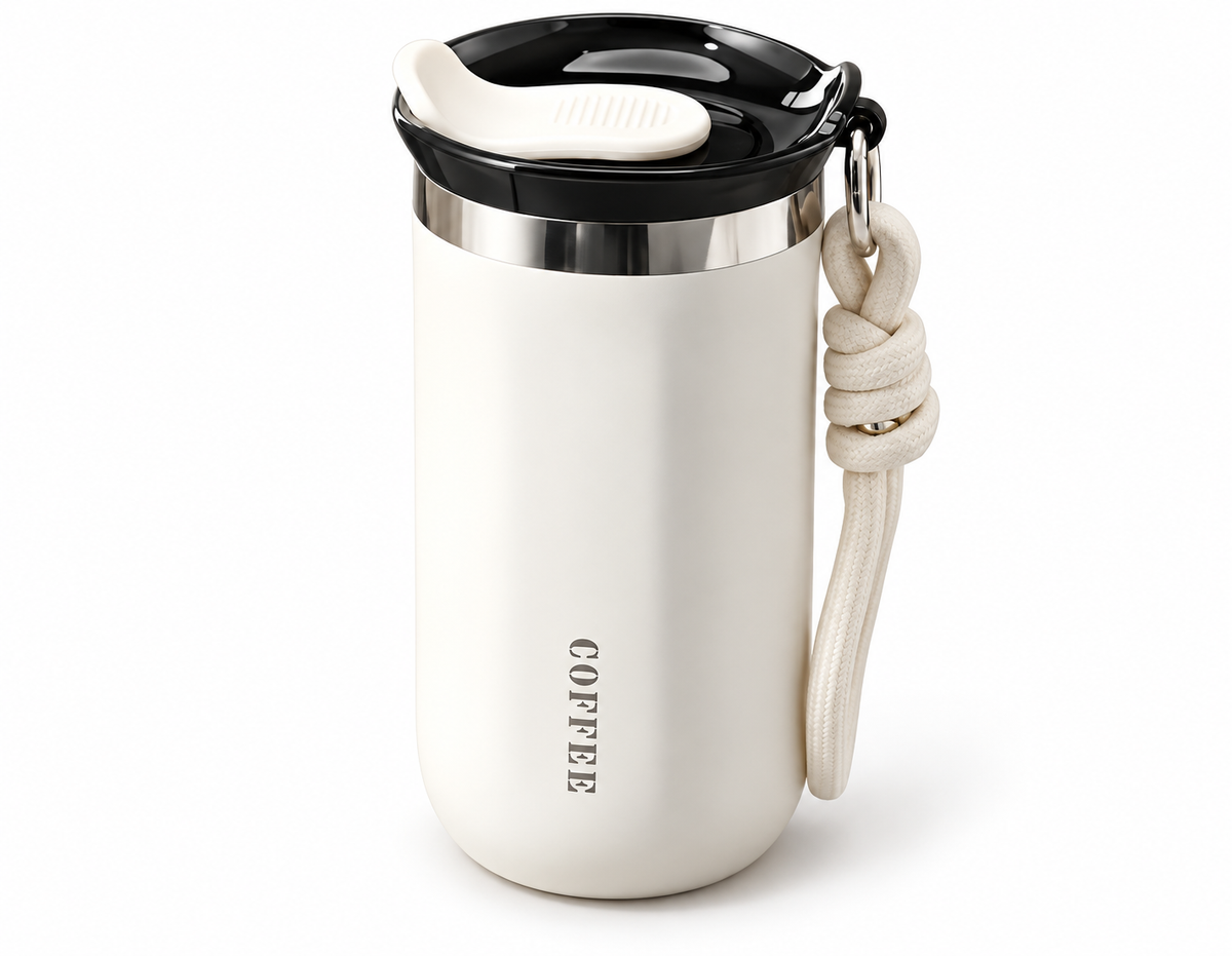 A white insulated travel tumbler with a black lid, a cream-colored carrying loop with a knot, and the word 'COFFEE' printed vertically on the front, set against a plain white background.
