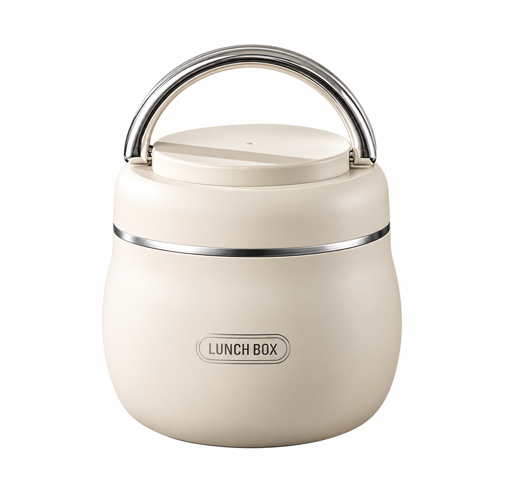 Cream-colored insulated lunch box with a stainless steel handle and a silver metallic band, featuring a 'LUNCH BOX' label on the front.