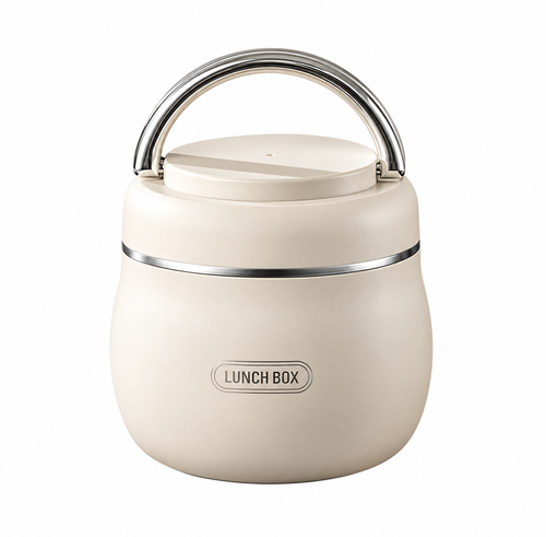 Cream-colored insulated lunch box with a stainless steel handle and a silver metallic band, featuring a 'LUNCH BOX' label on the front.