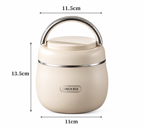 Cream-colored insulated lunch box with a metal handle, shown with dimension lines indicating a width of 11.5cm, height of 13.