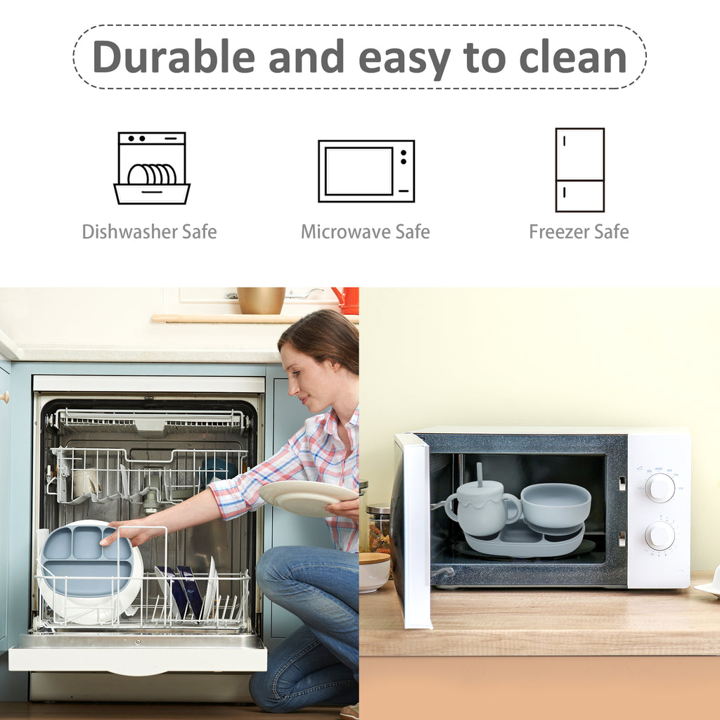 Product durability features including dishwasher, microwave, and freezer safety with corresponding icons and images.