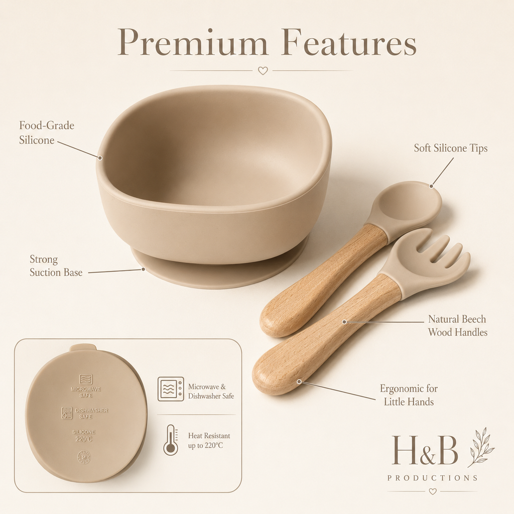 A beige silicone baby bowl with a suction base shown alongside a matching silicone spoon and fork with natural wood handles on a cream background. The image includes text callouts highlighting premium features such as food-grade silicone, strong suction base, soft silicone tips, natural wood handles, and ergonomic design, with the H&B Productions logo at the bottom right.