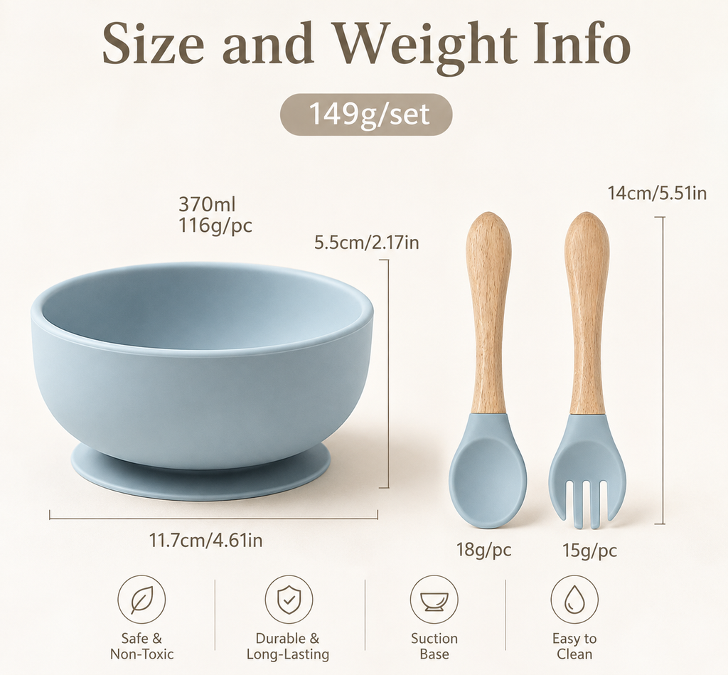 Size and weight information graphic for a baby feeding set, showing a light blue suction bowl with dimensions, a 18g spoon, and a 15g spork with wooden handles and light blue tips. Text includes 'Size and Weight Info', '149g/set', and feature icons for safe, non-toxic, durable, long-lasting, suction base, and easy to clean.