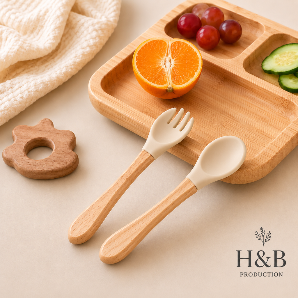Baby Silicone Spoon & Fork Set – Wooden Handle