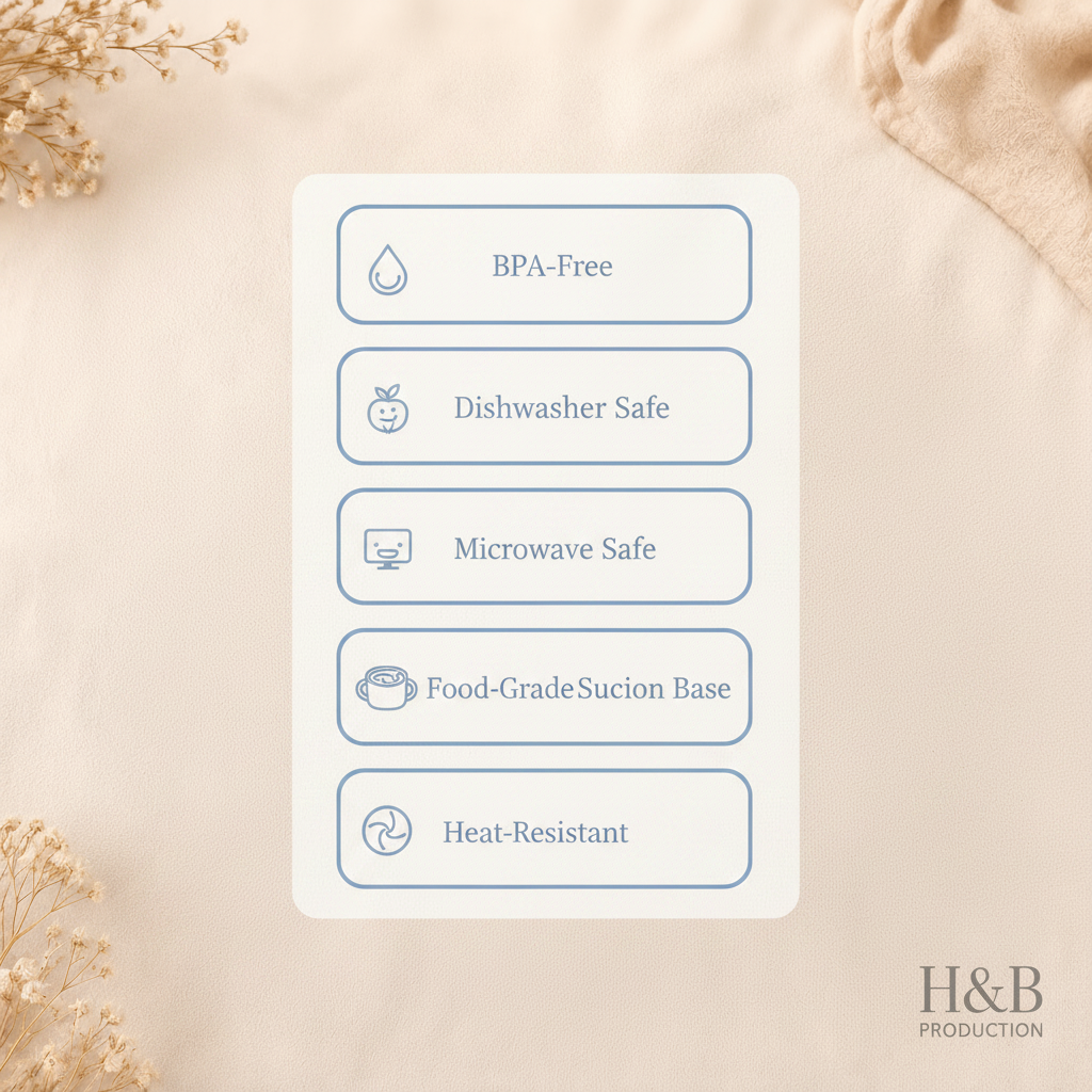 A white rectangular card with five rounded blue-outlined feature boxes listing BPA-Free, Dishwasher Safe, Microwave Safe, Food-Grade Suction Base, and Heat-Resistant, placed on a beige fabric background with dried flowers and a soft beige cloth. H&B Production logo appears in the bottom right.
